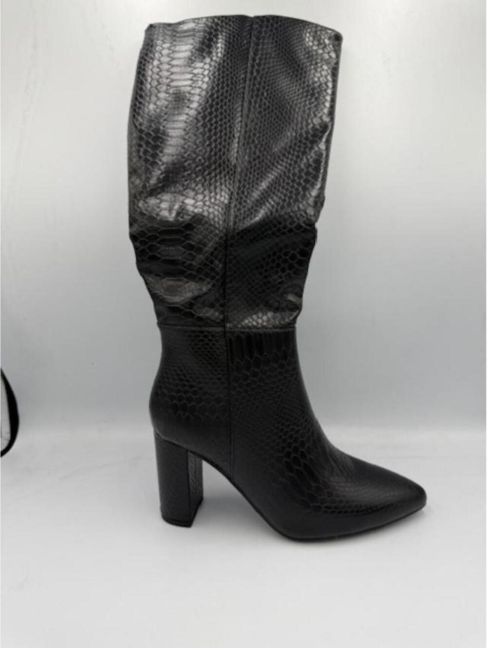 Tall Boots - Black Faux Snakeskin with Block Heel - Size 7